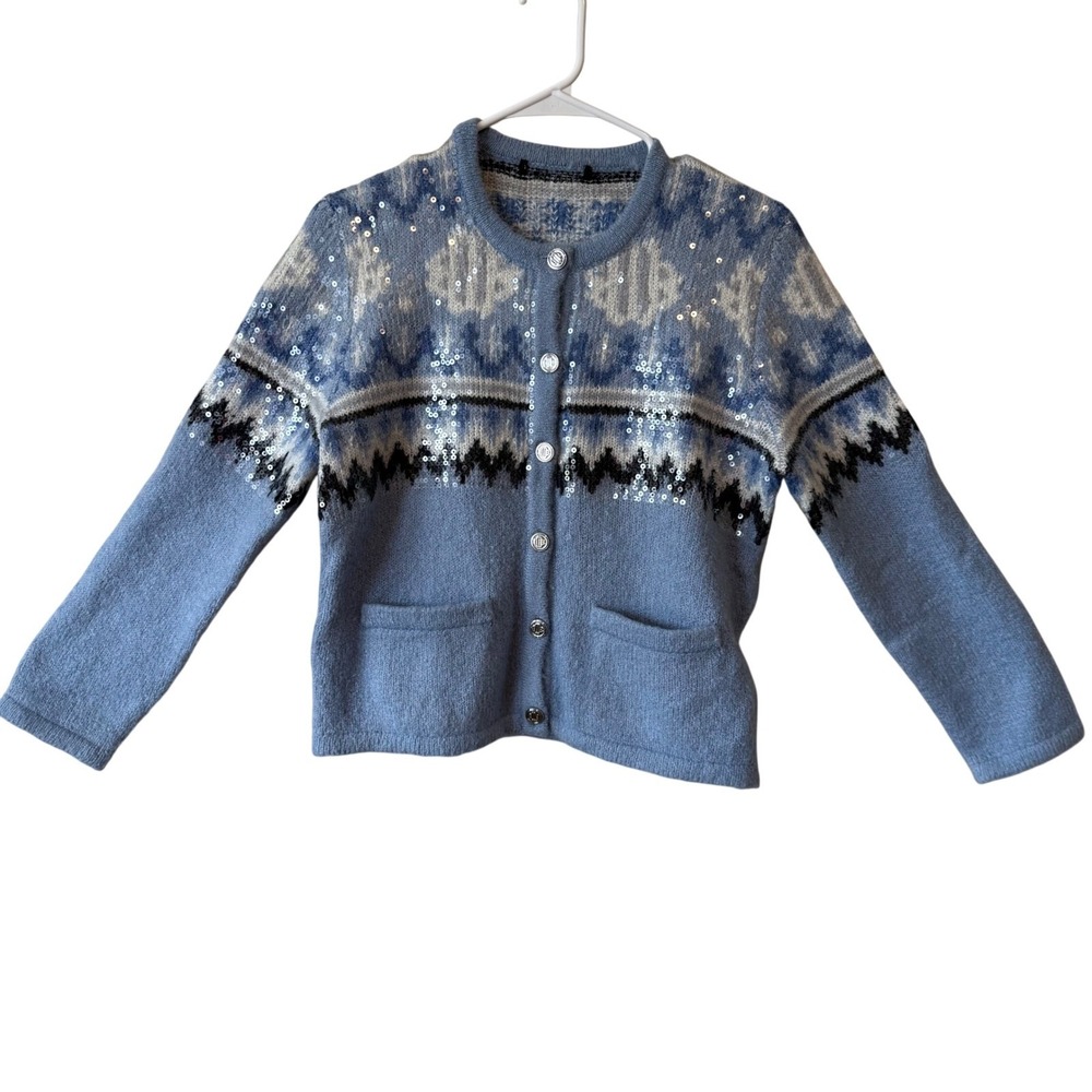 Maje Matalino Blue Fair Isle Sequin Mohair Blend Cardigan Sweater S Festive